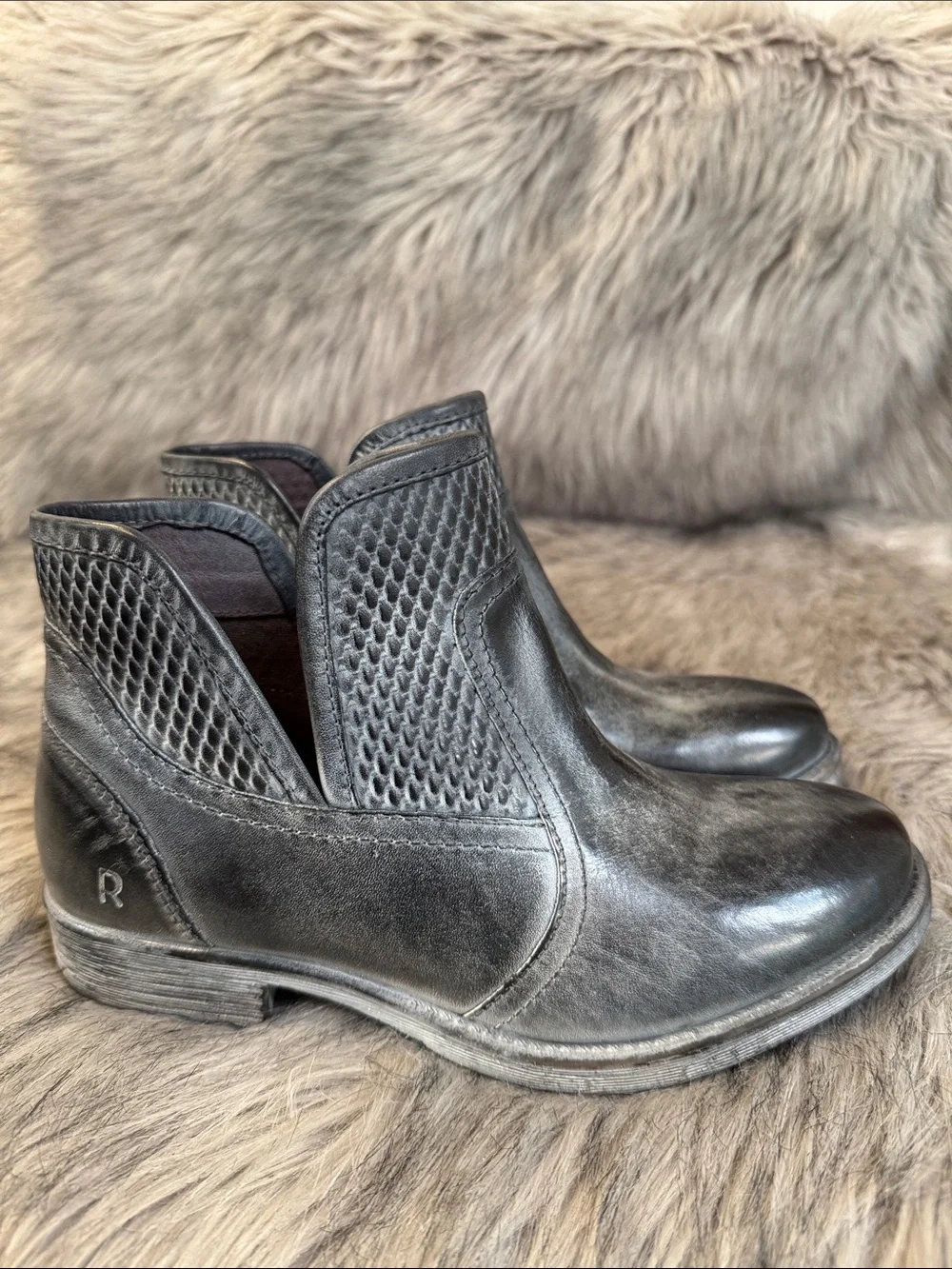ROAN by BED|STU Black & Gray Leather Slip-On Ankle Booties with Textured Panels